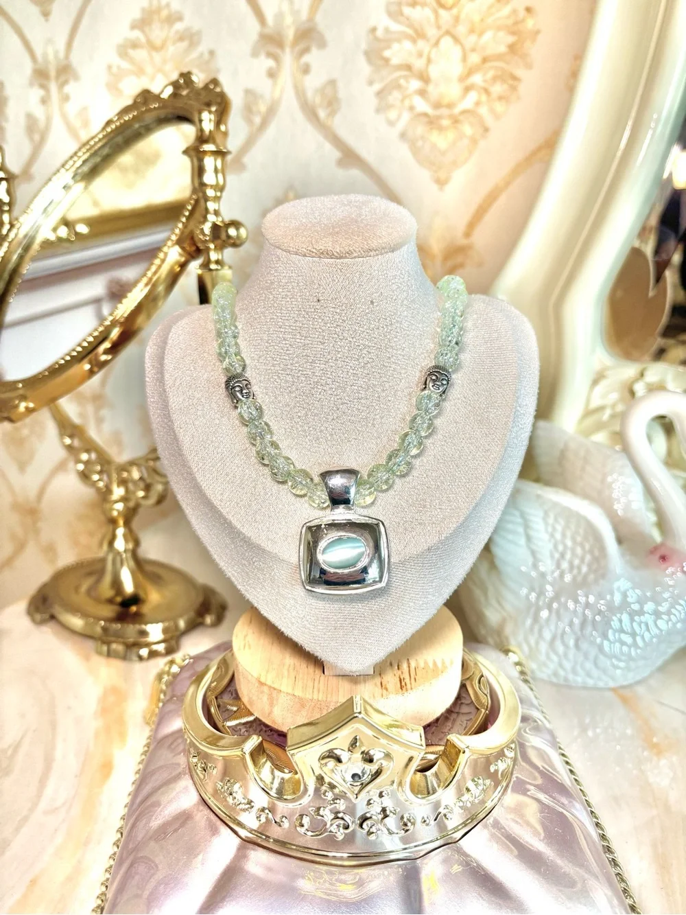One of a kind sage green Beaded Necklace with Silver Square Pendant/ magnetic